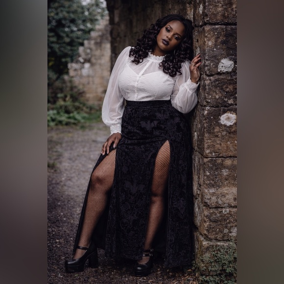 Torrid Nightfall Black Velvet Burnout Embossed Double Slit Maxi Skirt, Lg, NWT! - Picture 2 of 16